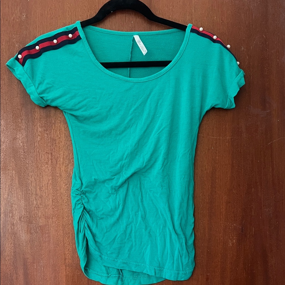 Love Nation Turquoise Top with Pearl Shoulder Detail